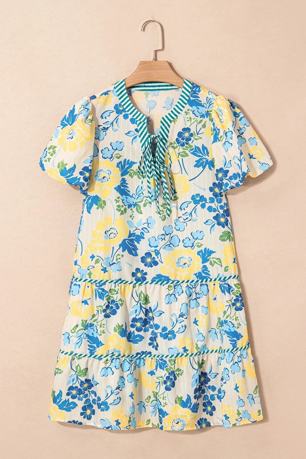 Floral Striped Trim Puff Short Sleeve Dress sold by Gigi Laurent product image thumbnail 3
