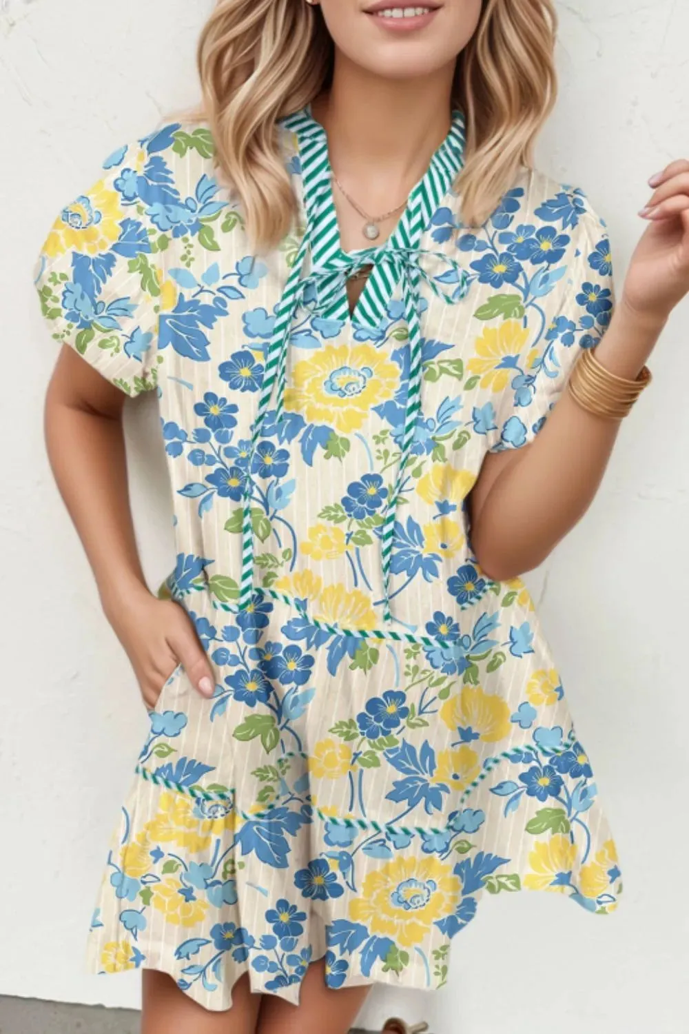Floral Striped Trim Puff Short Sleeve Dress sold by Gigi Laurent
