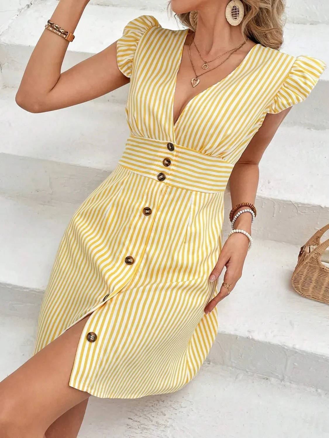 Striped Button Front Cap Sleeve Dress sold by Gigi Laurent product image thumbnail 2