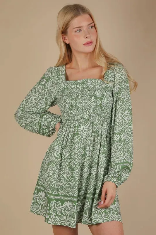 VERY J Printed Smocked Chest Boho Mini Dress sold by Gigi Laurent