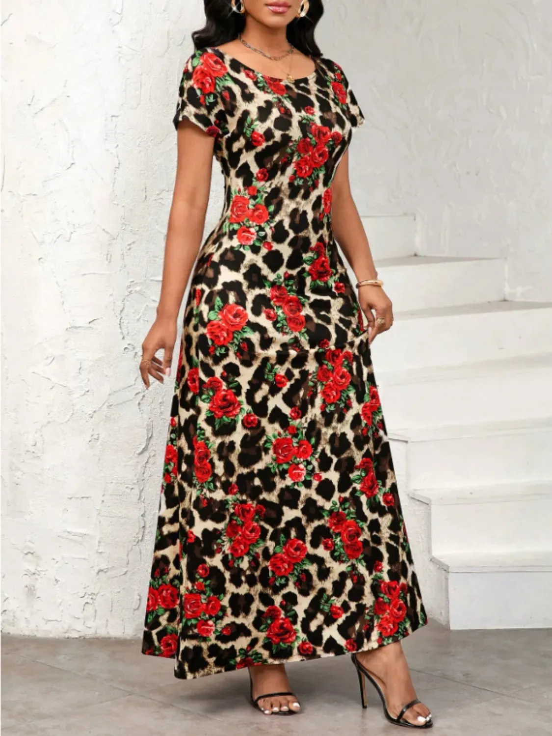 Printed Round Neck Short Sleeve Maxi Tee Dress sold by Gigi Laurent