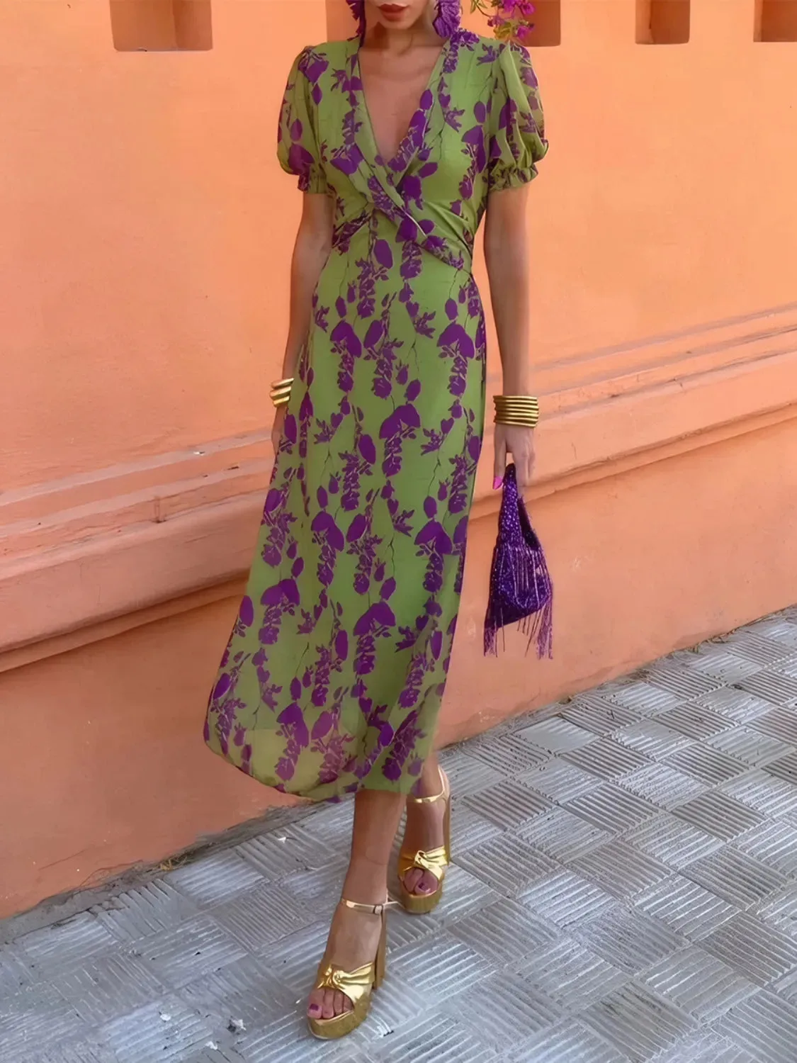 Printed Plunge Short Sleeve Midi Dress sold by Gigi Laurent product image thumbnail 5