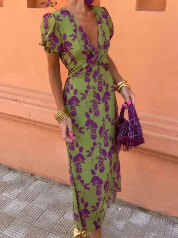 Printed Plunge Short Sleeve Midi Dress sold by Gigi Laurent