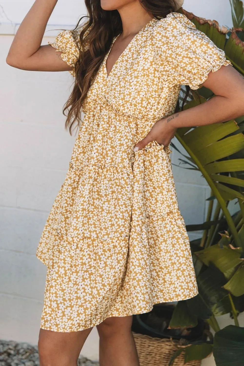 Floral Short Sleeve Surplice Frilly Tiered Mini Dress sold by Gigi Laurent product image thumbnail 5