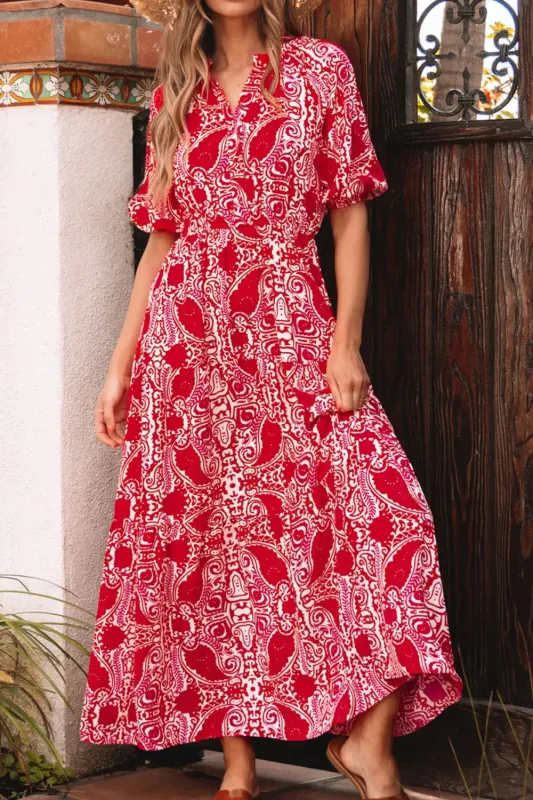 Paisley Print Side Slit Puff Sleeve High Waist Maxi Dress sold by Gigi Laurent