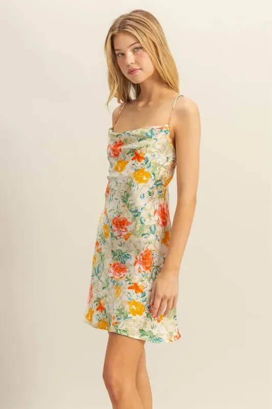 HYFVE Floral Cowl Neck Flirty Satin Mini Dress sold by Gigi Laurent product image thumbnail 3