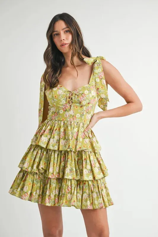 MABLE Floral Print Shoulder Tie Layered Mini Dress sold by Gigi Laurent