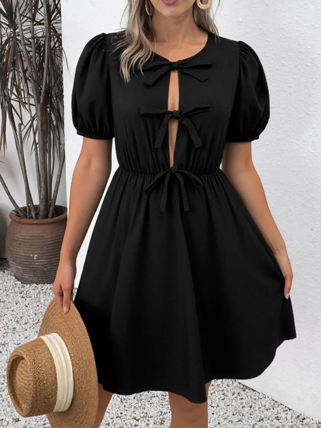 Tie Front Puff Sleeve Mini Dress sold by Gigi Laurent