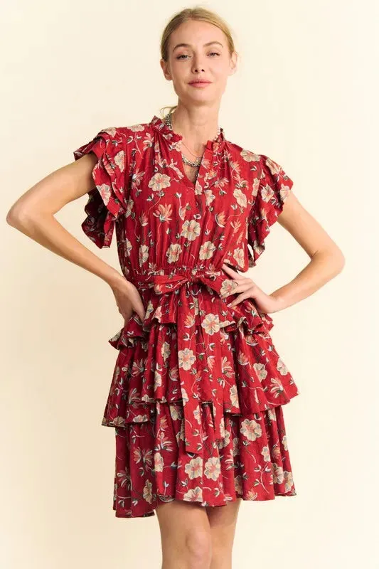 Davi & Dani Ruffle Flutter Sleeve Tie Belt Tiered Mini Dress sold by Gigi Laurent product image thumbnail 3
