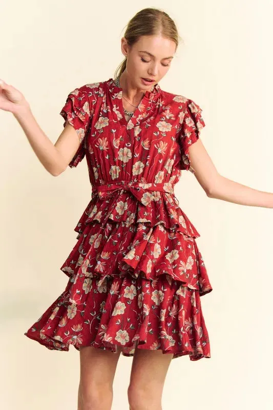 Davi & Dani Ruffle Flutter Sleeve Tie Belt Tiered Mini Dress sold by Gigi Laurent product image thumbnail 4