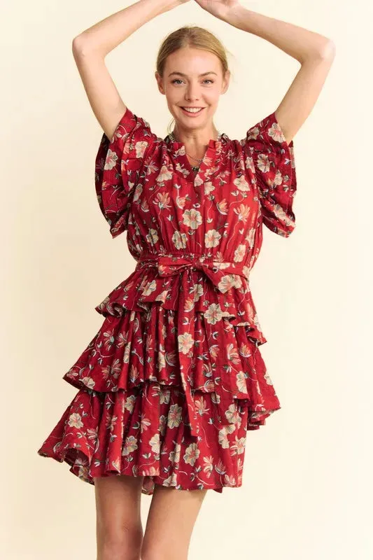 Davi & Dani Ruffle Flutter Sleeve Tie Belt Tiered Mini Dress sold by Gigi Laurent product image thumbnail 2