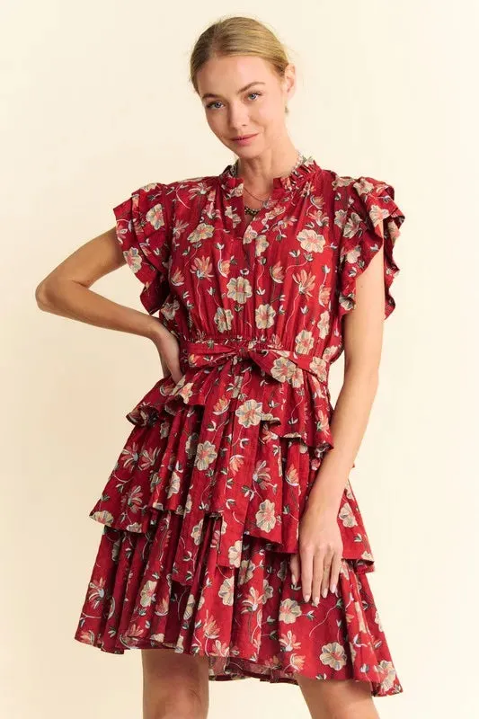 Davi & Dani Ruffle Flutter Sleeve Tie Belt Tiered Mini Dress sold by Gigi Laurent