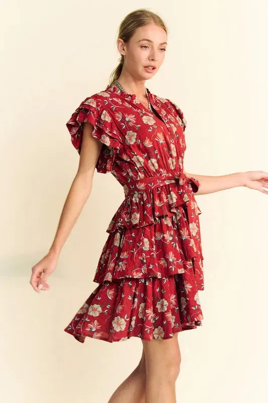 Davi & Dani Ruffle Flutter Sleeve Tie Belt Tiered Mini Dress sold by Gigi Laurent product image thumbnail 5