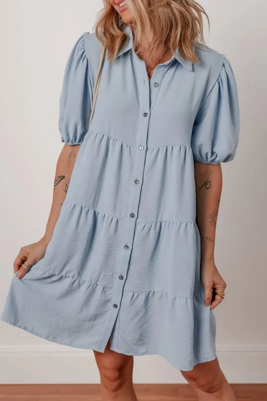 Button Up Puff Sleeve Tiered Shirt Dress sold by Gigi Laurent