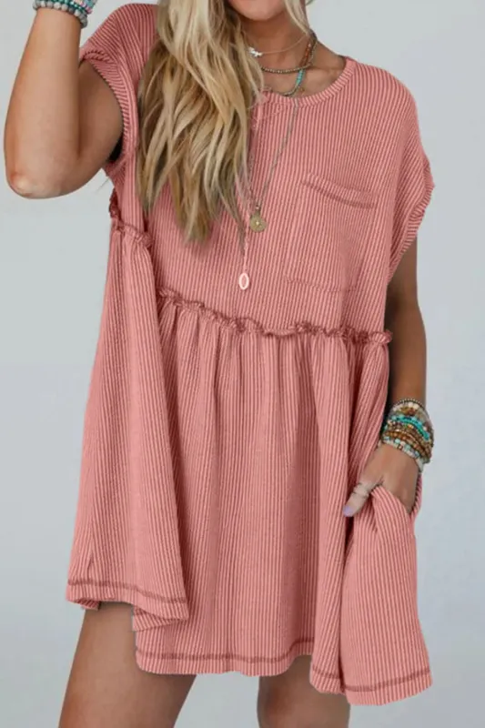 Corded Knit Textured Patched Pocket Frilled Swing Mini Dress with Pockets sold by Gigi Laurent