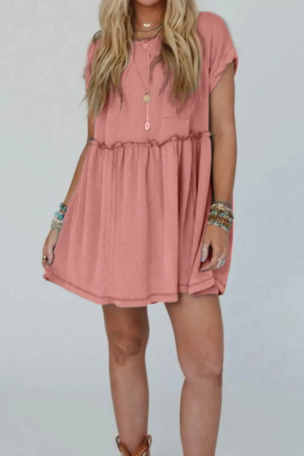 Corded Knit Textured Patched Pocket Frilled Swing Mini Dress with Pockets sold by Gigi Laurent product image thumbnail 3