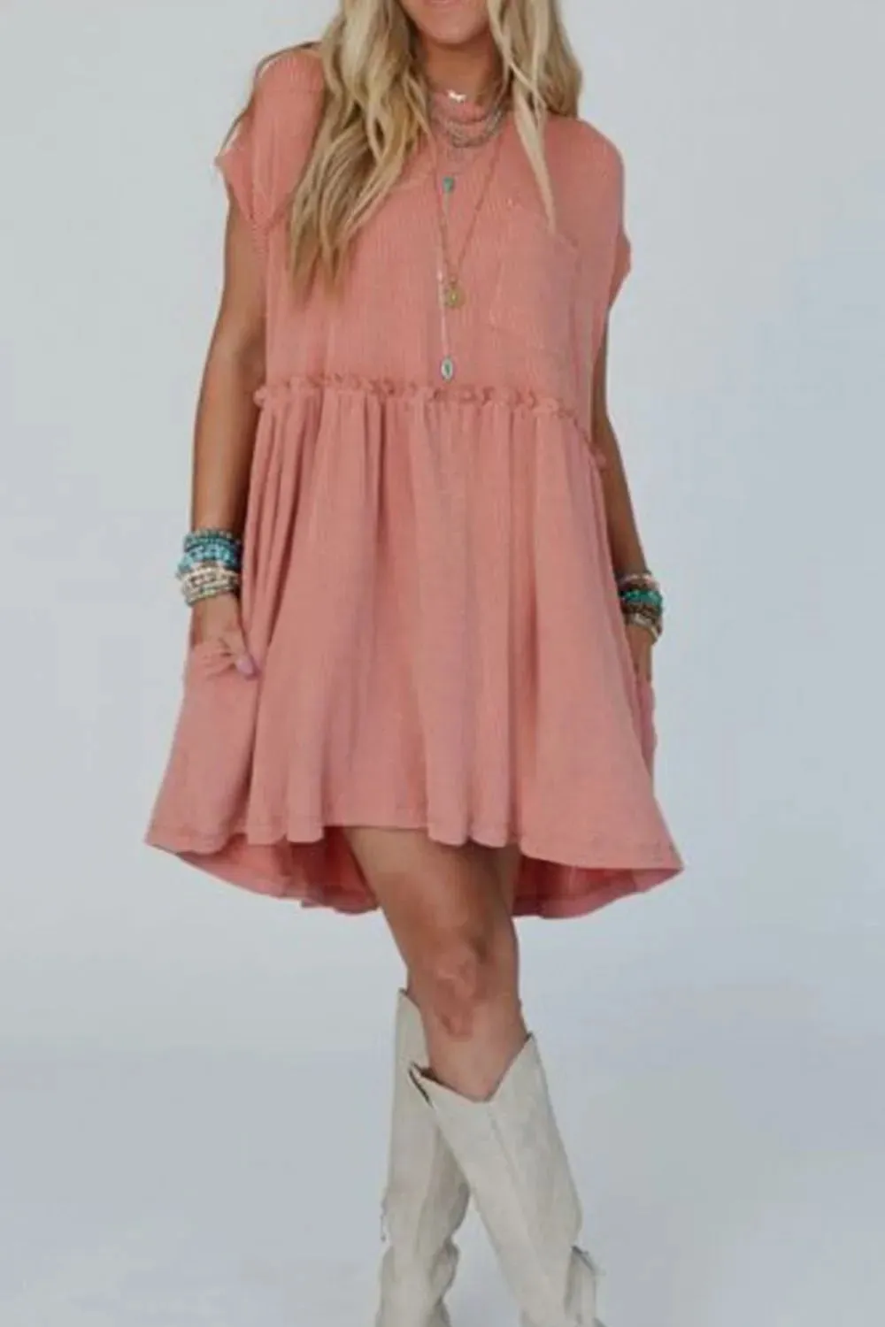 Corded Knit Textured Patched Pocket Frilled Swing Mini Dress with Pockets sold by Gigi Laurent product image thumbnail 4