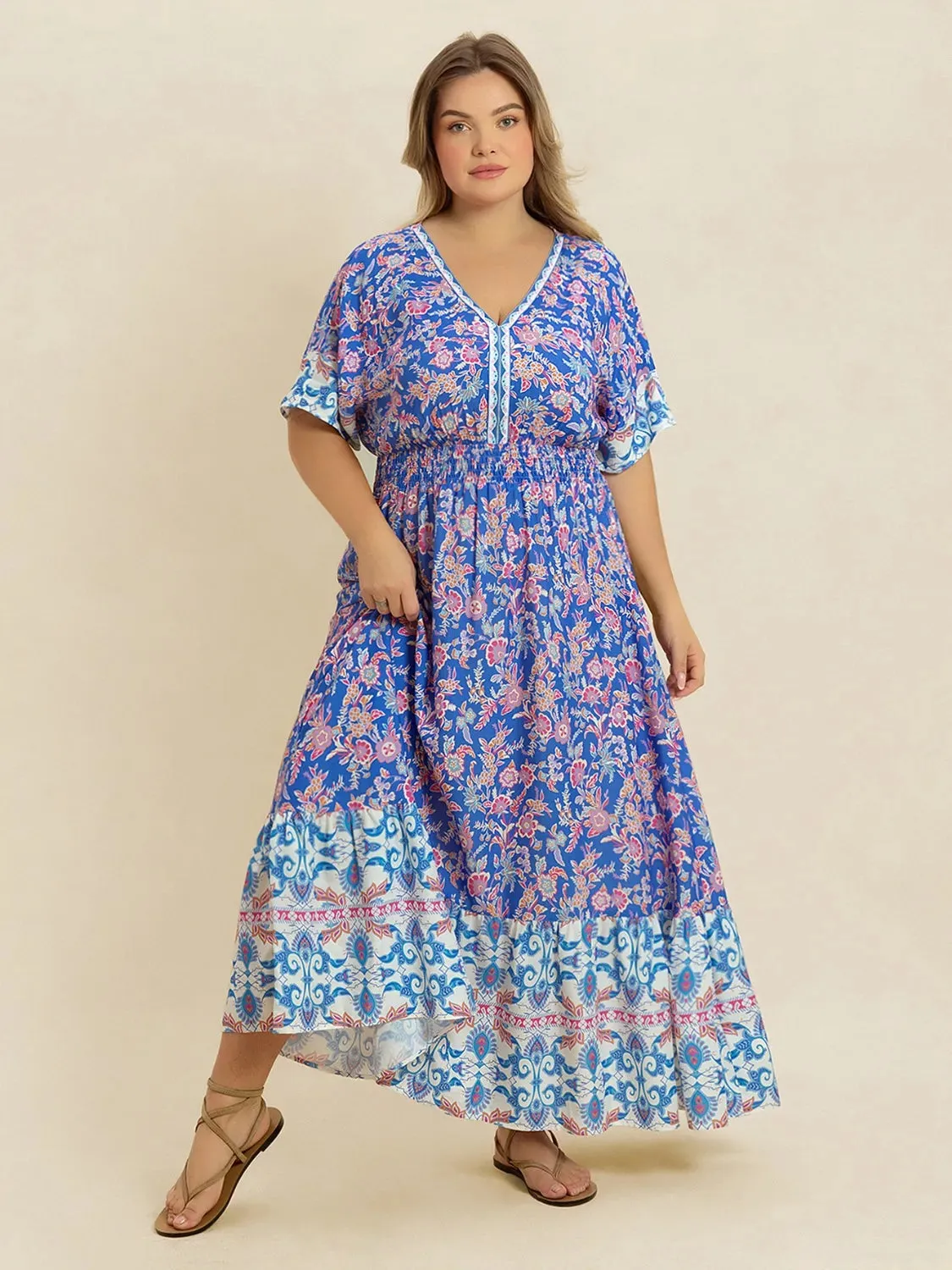 Plus Size Smocked Printed Half Sleeve Midi Dress sold by Gigi Laurent