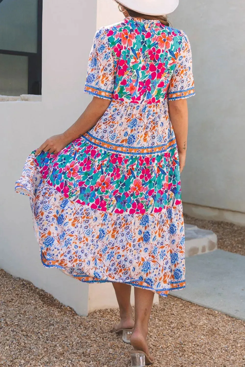 Mixed Floral Print Tie Neck Short Sleeve Dress sold by Gigi Laurent product image thumbnail 3