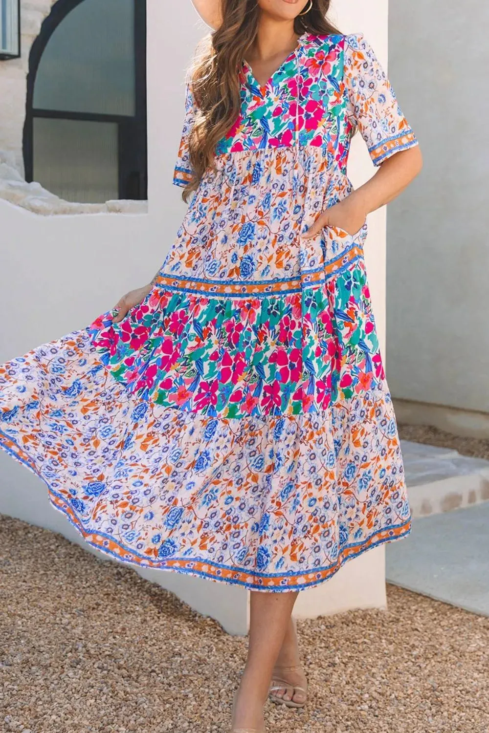 Mixed Floral Print Tie Neck Short Sleeve Dress sold by Gigi Laurent product image thumbnail 4