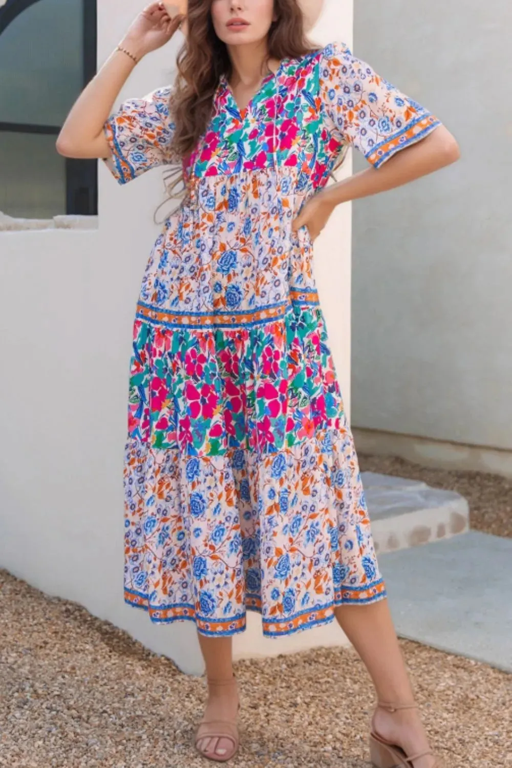 Mixed Floral Print Tie Neck Short Sleeve Dress sold by Gigi Laurent product image thumbnail 2