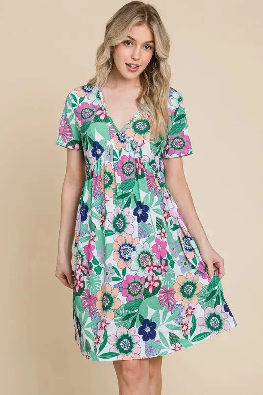 BOMBOM Ruched Floral V-Neck Short Sleeve Dress sold by Gigi Laurent product image thumbnail 2