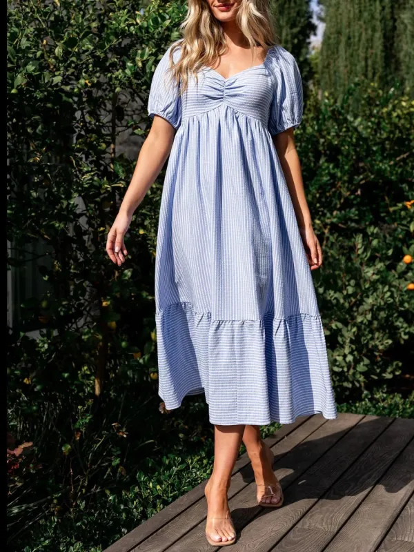 Striped Sweetheart Neck Puff Sleeve Midi Dress sold by Gigi Laurent