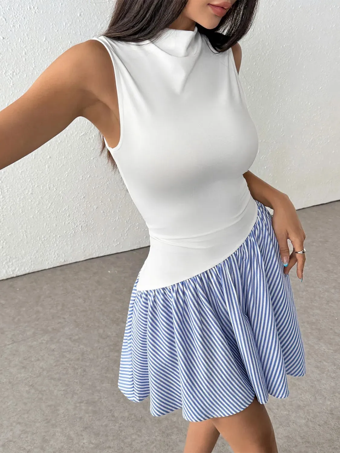 Striped Mock Neck Sleeveless Mini Tank Dress sold by Gigi Laurent product image thumbnail 3