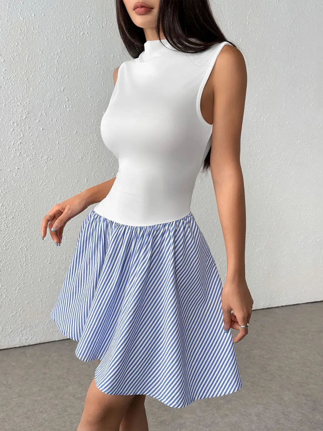 Striped Mock Neck Sleeveless Mini Tank Dress sold by Gigi Laurent