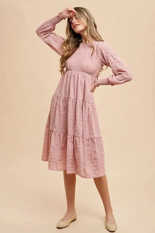 Annie Wear Textured Smocking Bodice Tiered Midi Dress sold by Gigi Laurent