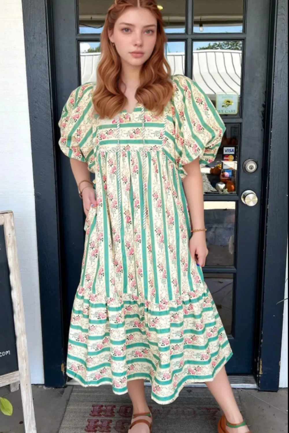 Striped Floral Print Tie Neck Puff Sleeve Midi Dress sold by Gigi Laurent product image thumbnail 2