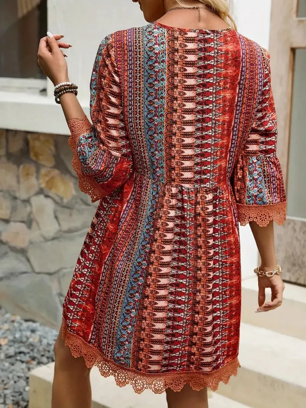 Lace Trim Printed V-Neck 3/4 Sleeve Dress sold by Gigi Laurent product image thumbnail 4