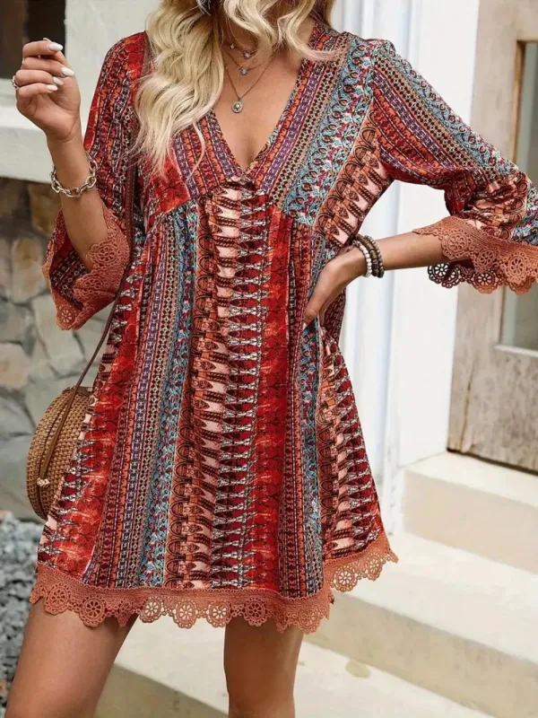 Lace Trim Printed V-Neck 3/4 Sleeve Dress sold by Gigi Laurent