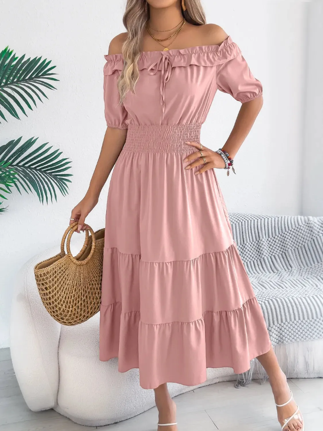 Smocked Off-Shoulder Tiered Dress sold by Gigi Laurent
