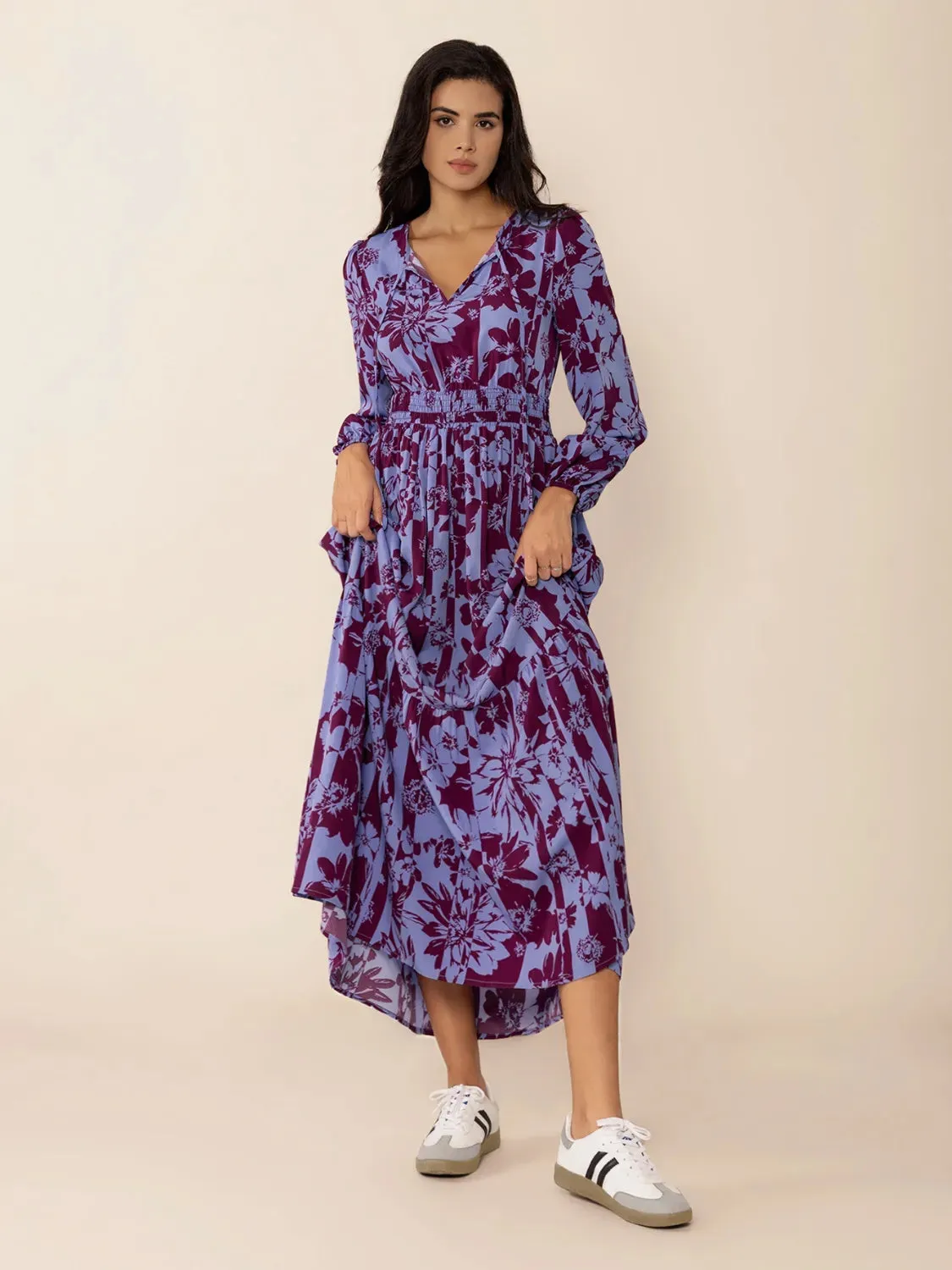 Printed Tie Neck Balloon Sleeve Maxi Dress sold by Gigi Laurent product image thumbnail 3