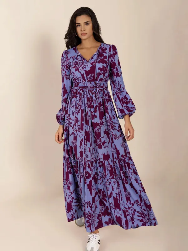 Printed Tie Neck Balloon Sleeve Maxi Dress sold by Gigi Laurent