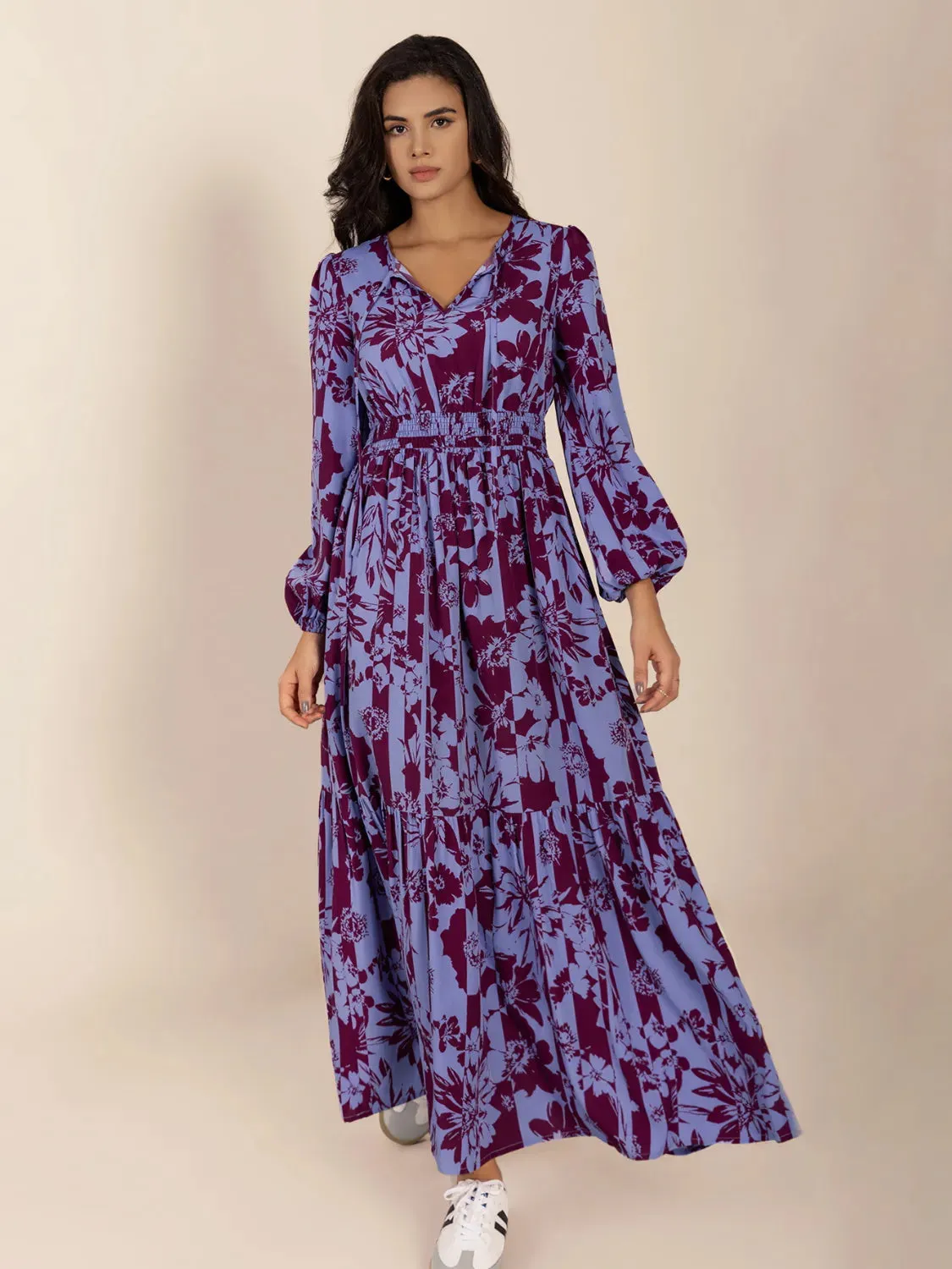 Printed Tie Neck Balloon Sleeve Maxi Dress sold by Gigi Laurent