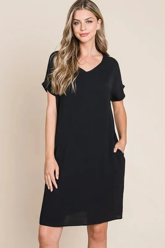 BOMBOM V-Neck Short Sleeve Dress with Pockets sold by Gigi Laurent