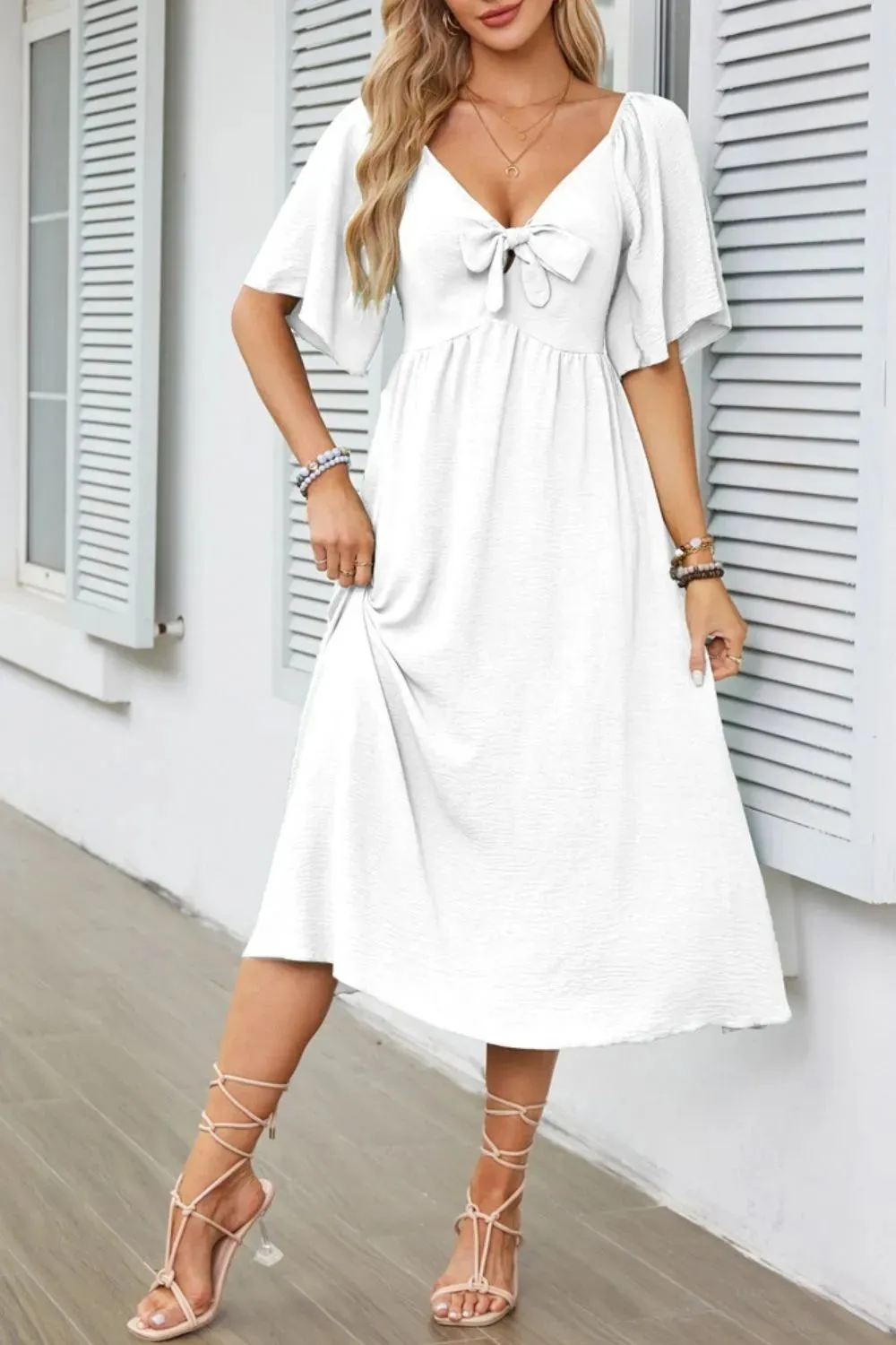 Smocked Tie Front Flutter Sleeve Midi Dress sold by Gigi Laurent product image thumbnail 5