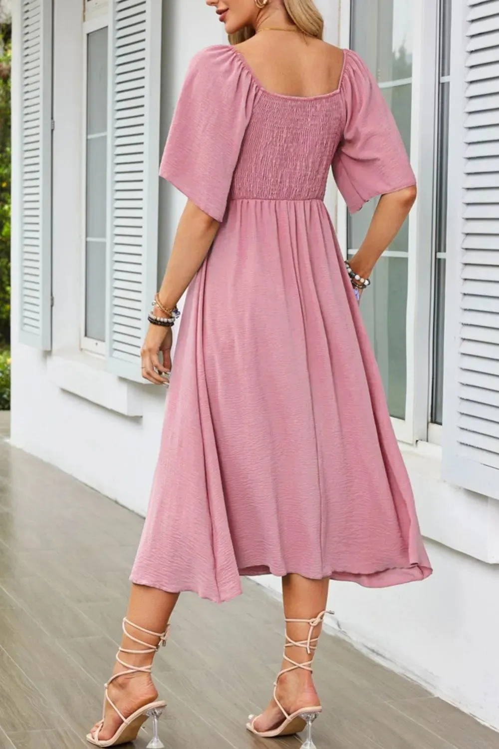 Smocked Tie Front Flutter Sleeve Midi Dress sold by Gigi Laurent product image thumbnail 2