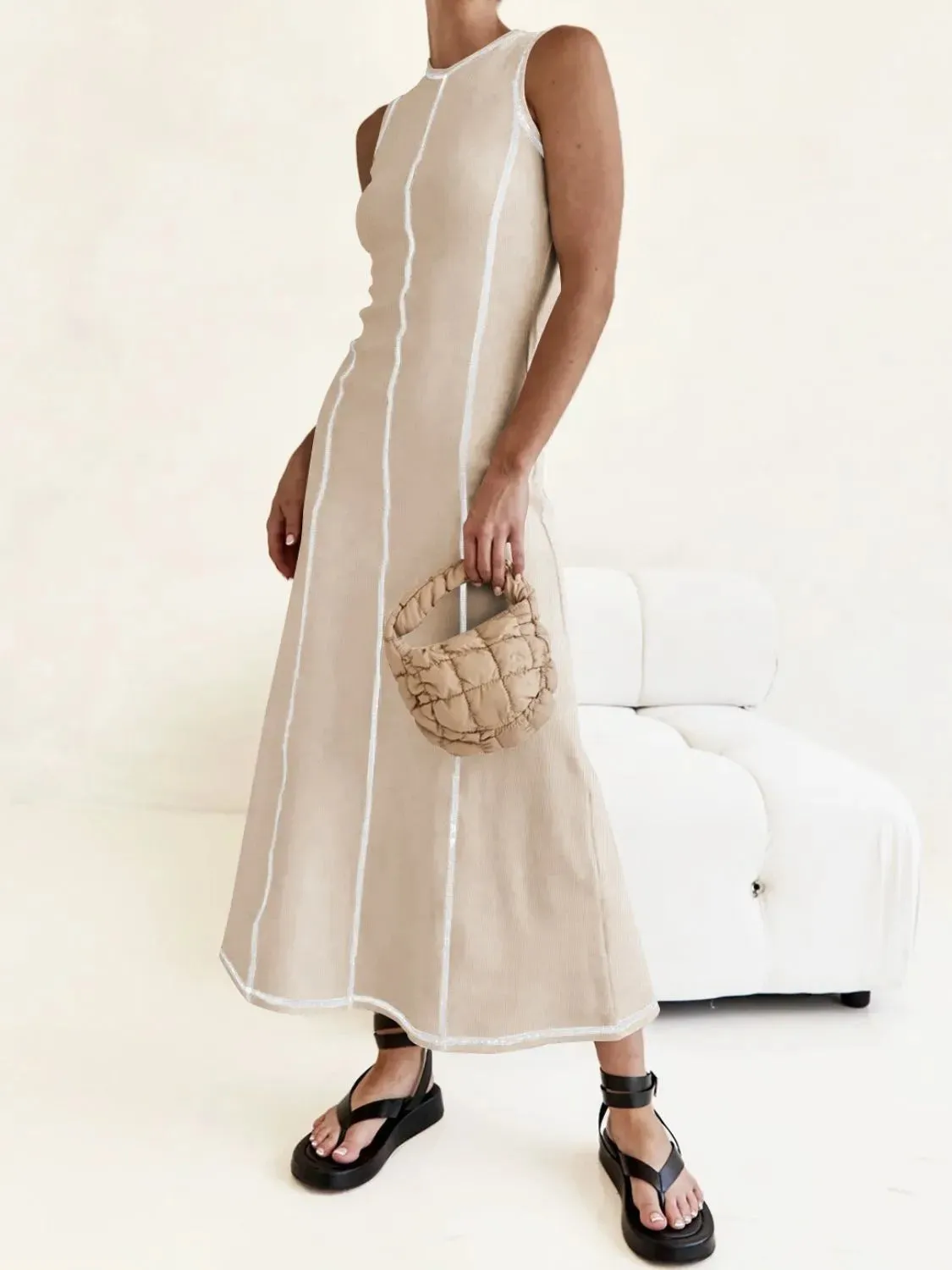 Contrast Stitching Round Neck Sleeveless Midi Dress sold by Gigi Laurent product image thumbnail 2