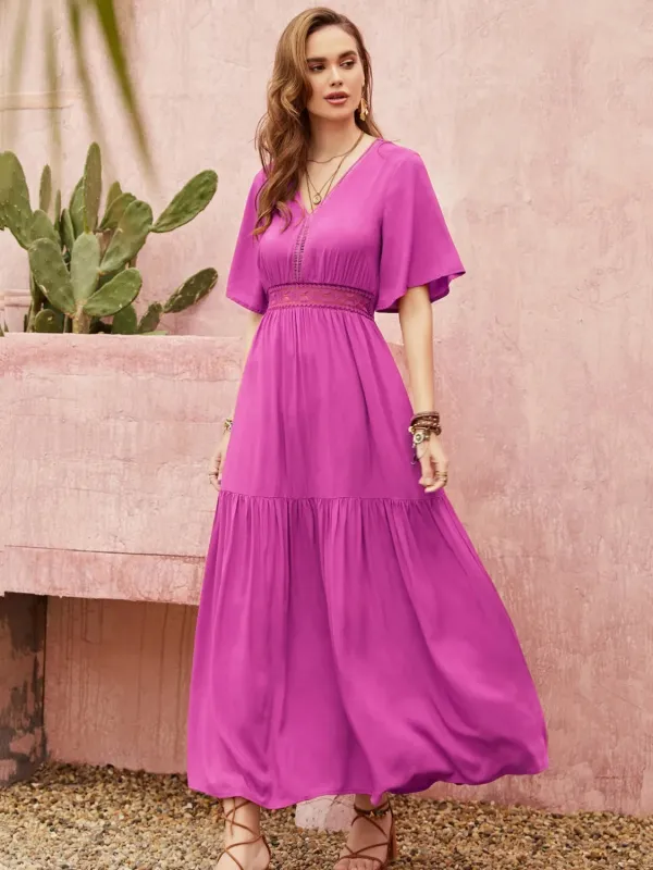 Lace Detail V-Neck Short Sleeve Midi Dress sold by Gigi Laurent