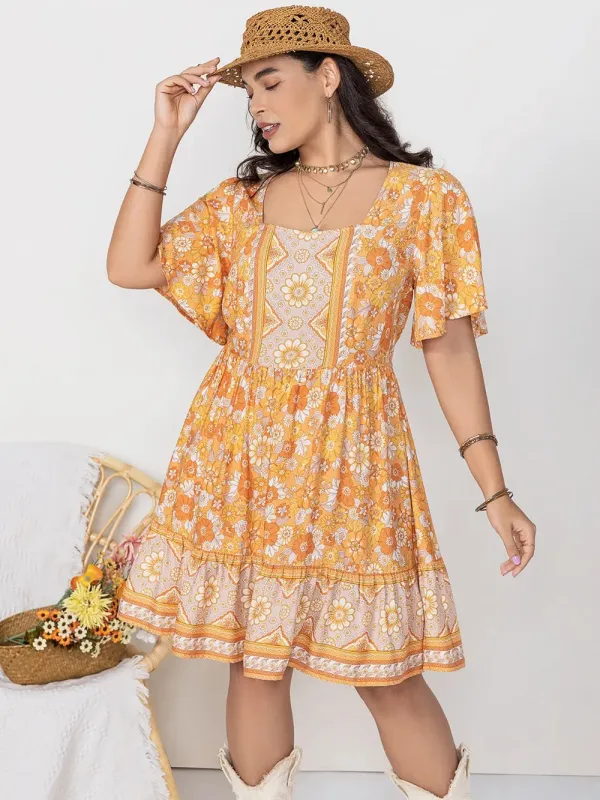 Plus Size Printed Square Neck Short Sleeve Dress sold by Gigi Laurent