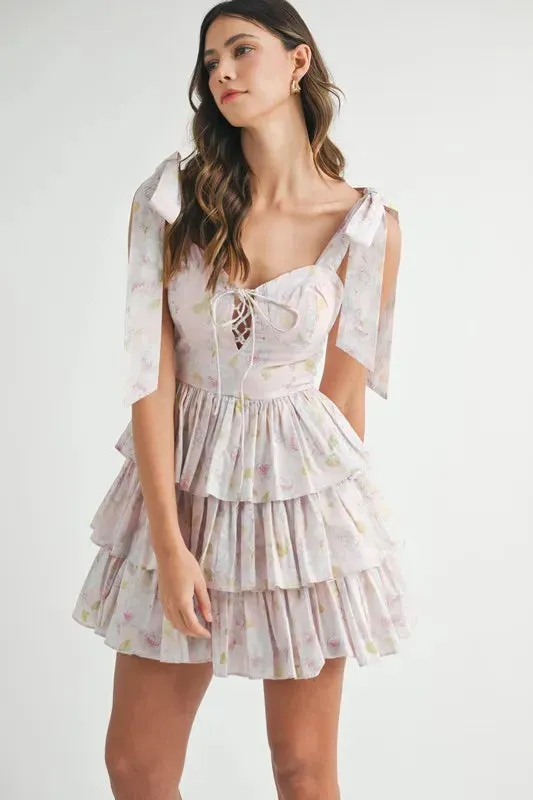 MABLE Floral Print Shoulder Tie Layered Mini Dress sold by Gigi Laurent