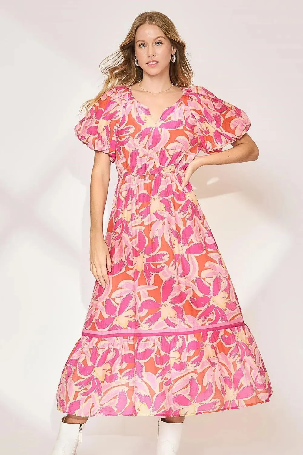 Umgee Floral Notched Puff Sleeve Midi Dress sold by Gigi Laurent