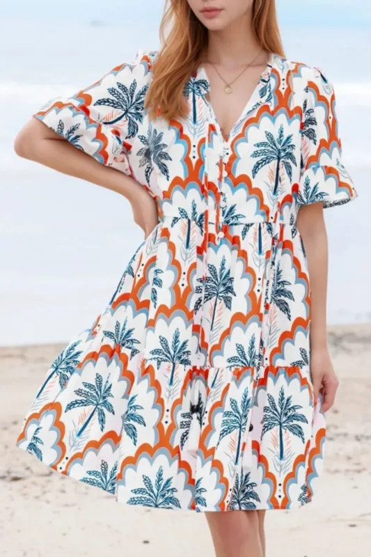 Contrast Palm Tree Printed Short Sleeve Flowy Dress sold by Gigi Laurent
