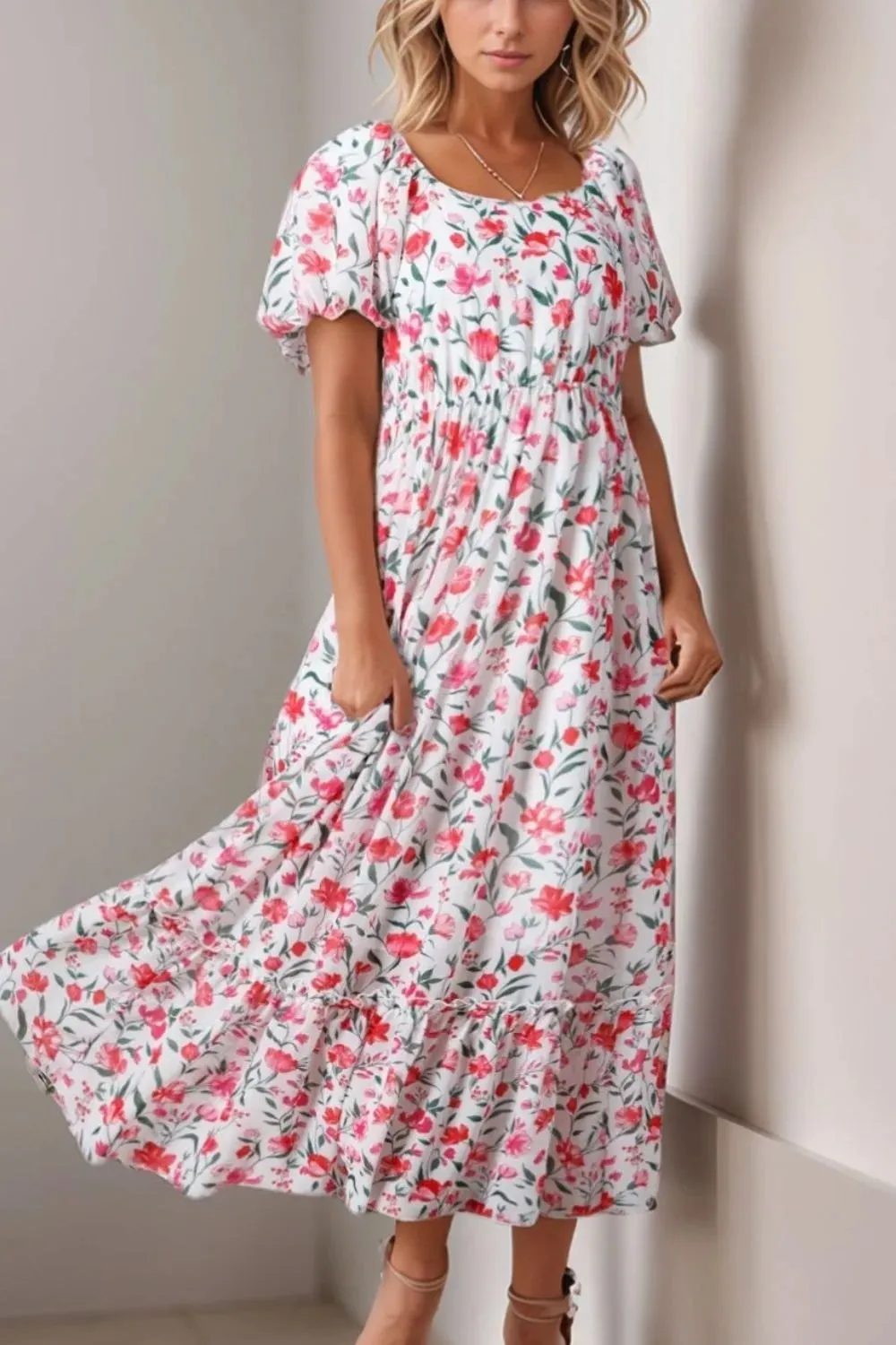 Floral Short Puff Sleeve Tiered Dress sold by Gigi Laurent