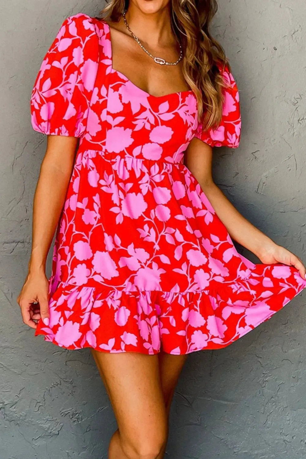 Floral Puff Sleeve Sweetheart Neck Ruffled Mini Dress sold by Gigi Laurent product image thumbnail 2