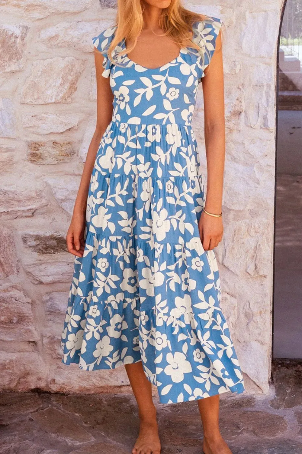 Floral Flutter Shoulder Tiered Flowy Midi Dress sold by Gigi Laurent product image thumbnail 4