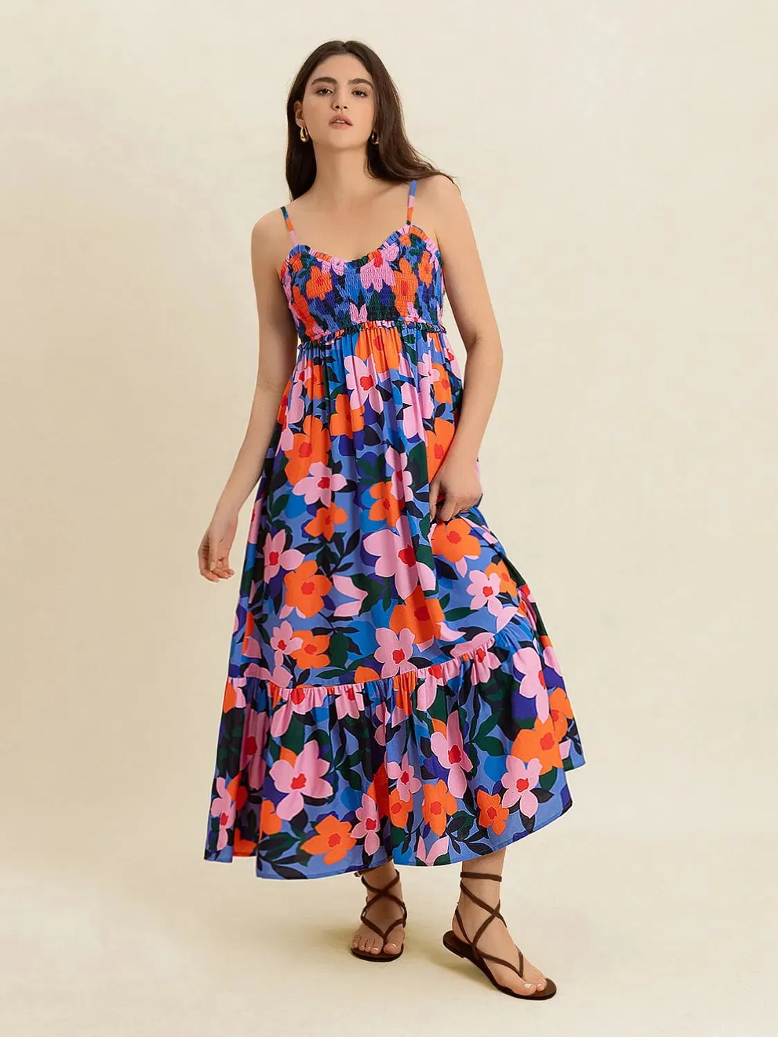 Smocked Back Ruffled Hem Printed Cami Dress sold by Gigi Laurent